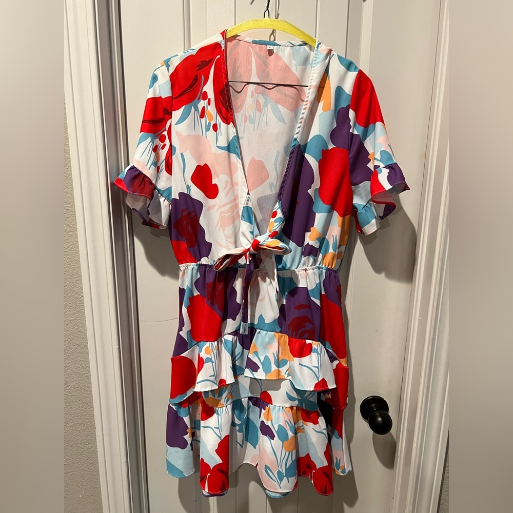 SHEIN Multicolor red, purple, blue orange tiered Floral Ruffle Dress sz large